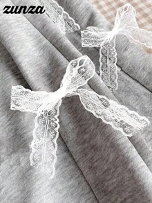 Girls Autumn/Winter Round Neck Bow Splice Long Sleeve Top + Lace Bow Gray Pants, Sweet & Cute Casual & Comfortable - Grey - View 3