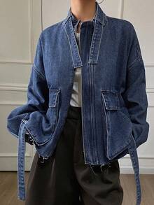 Livesso 女士休闲时尚街头宽松落肩拉链牛仔夹克，带翻盖口袋，秋季 - 藍色 - 查看 1