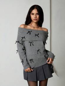 SHEIN TRNDY 1pc Women's Gray Sweater, Casual Bowknot Off Shoulder Ribbed Knit Pullover, Autumn/Winter - Dark Grey - View 5