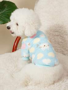 PETSIN 1 Piece Of Pet Cat Dog Blue And White Cat Printed Velvet Warm, Elastic And Comfortable Dog Round Neck Sweatshirt