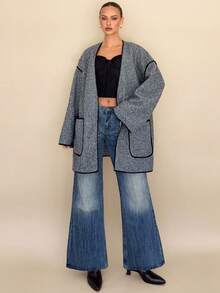 Islaluna Damen modischer & eleganter, locker geschnittener Mantel mit Kontrastbesatz und Doppeltaschen, Herbst