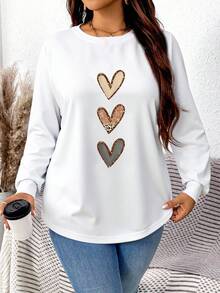 EMERY ROSE Autumn Casual Leopard Print Heart Shaped Hem White Thermal Lined Loose Fit Sweatshirt For Plus Size Women, Suitable For Autumn/Winter Graphic - White - View 3