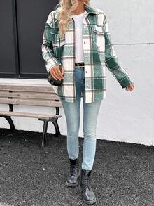 SHEIN LUNE Áo khoác dài tay ấm áp, giản dị, tối giản họa tiết kẻ caro dành cho nữ - Màu xanh lá cây đậm - Xem 5