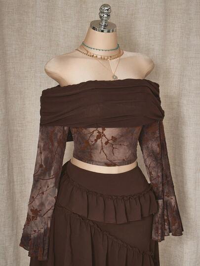 SHEIN ICON Women's Plus Size Y2K Retro Bohemian Western Country Outing Brown Mesh Splicing Knit Flocking Fabric Flared Long Sleeve Casual Fashion Slim Sexy Off-The-Shoulder Women's T-Shirt