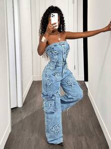 BamGleam 女式十字绣挂脖阔腿牛仔连体裤 - 中等水洗藍 - 查看 6