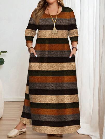 EMERY ROSE Vintage Textured Striped Print Plus Size Long Sleeve Crew Neck Dress, Suitable For  New Year Party,Flower/Spring/Summer/Vacation