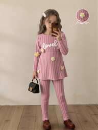 SHEIN Elladie kids 2 pezzi Set di top asimmetrico a maniche lunghe e pantaloni con ricamo floreale e lettera per ragazze giovani, outfit casual carino per l'autunno