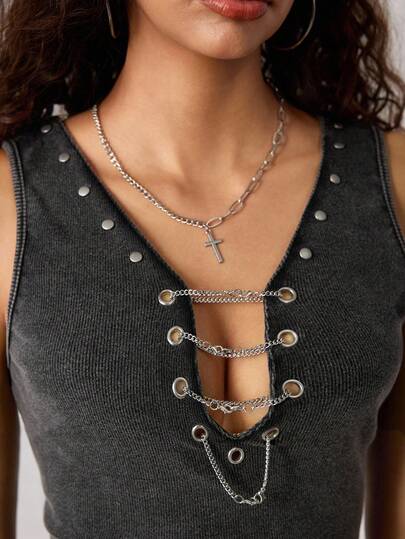 Grunge Punk Top de tirantes de mujer vintage con cadena y ojales desgastados