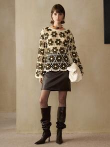 Arave 女士宽松花卉拼布优雅套头衫，腈纶纤维水溶性 - 咖啡棕 - 查看 5