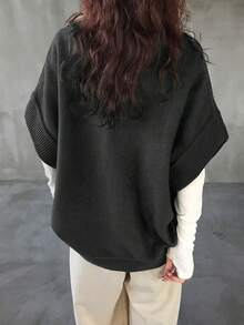 FRIFUL Women's Casual Solid Color Loose Knit Vest, Autumn/Winter - Black - View 5