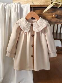 Vintaside Kids 1 件女童秋季夹克，韩版宽松版型，领口带刺绣蕾丝，纽扣开合，百搭时尚，适合休闲装、校园装、街头装 - 卡其色 - 查看 3