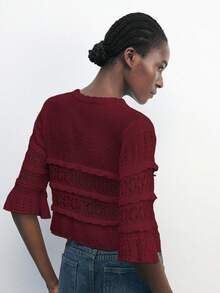 Maija 杏色短款披肩领荷叶袖度假风毛衣，适合音乐节、郊游、秋冬季海滩等场合，时尚圣诞系列。