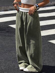 Muchica Women's Washed Contrast Waistband Pocket Wide Leg Loose Casual Pants,Baggy,Street Wear,Fall / Winter - Army Green - View 4