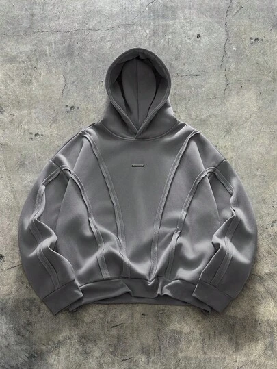 EASEVO Plus Size Men's American Deconstructed Curved Panel Casual Hoodie Oversize Hoodie Plain Hoodie Streetwear Hoodie Seam Detail Hoodie Hoodie Grey
