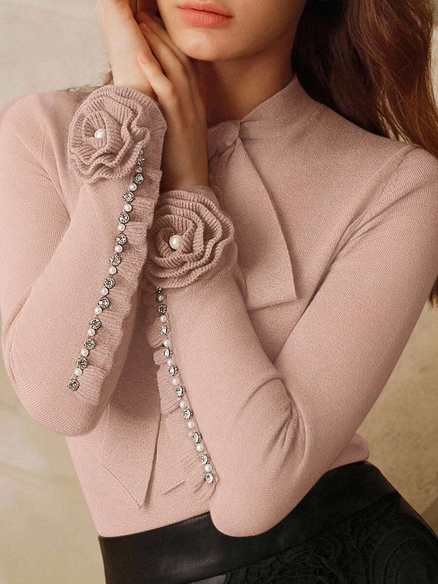 Anewsta 女士优雅亮片粉色毛衣，饰有蝴蝶结和水钻，长袖，适合圣诞节、新年、感恩节、秋冬季穿着。 - 粉色 - 查看 1