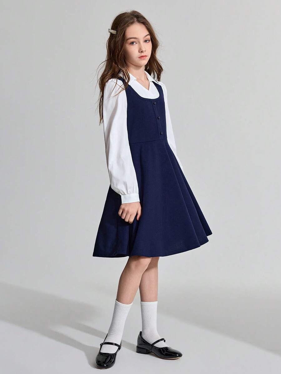 Maija Kids Maija Kids 少女针织蓝白撞色领二合一长袖连衣裙 - 藏蓝色 - 查看 1