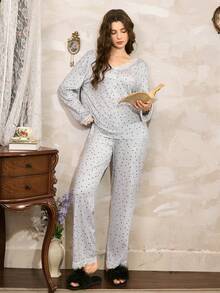 Côtesoire Women's French Casual Knit Polka Dot Print V-Neck Contrast Lace Long Sleeve Top And Pants Pajama Set Polka Dot Pajama Set Pajama Set For Woman Sleep Wear Women 2 Pieces Set Lounge Wear Women Set Women Sleepwear, Fall & Winter Clothes Grey Pajama Set Sleep Wear Women 2 Piece Set Women Pajama Set 2 Piece Set - Multicolor - View 1