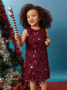 Maija Kids Maija Kids 年轻女孩亮片和人造毛皮蝴蝶结装饰圆领无袖优雅连衣裙 - 酒紅色 - 查看 6