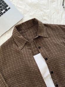 Elamini Áo sơ mi cardigan dài rộng rãi họa tiết kẻ caro Jacquard cổ điển - Nhiều màu - Xem 4