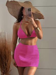 Costavie Bộ bikini dây cổ màu trơn đi biển mùa hè cho nữ kèm váy che, 3 chiếc - Màu Hồng Tươi - Xem 1