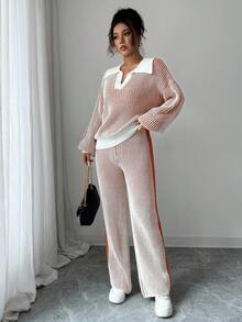 SHEIN Elenzya Bộ 2 áo len chui đầu cổ polo màu tương phản chắp vá cho nữ + quần dài, Thu/Đông - trái cam - Xem 3