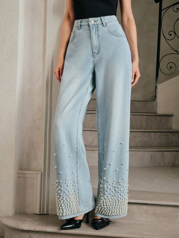 Fashionable Embellished Bubble Pearl Women's Blue Jeans