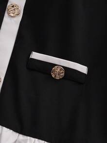 Franclia Women's Blouse, Round Neck, Raglan Long Sleeves With Bell Cuffs, Contrast Color Collar, Placket, Hem And Cuffs, Metal Button Closure On Front And Sides, Woven Fabric, Casual And Elegant Daily Wear