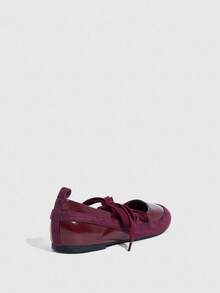 MISSGUIDED 经典芭蕾平底鞋，配缎带、漆皮、绒面革、混合材质、优雅秋冬舒适步行鞋 - 酒紅色 - 查看 2