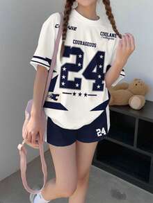 SHEIN 2pcs Tween Girls Casual Minimalist Number 24 Printed Short Sleeve Top And Shorts Set, Suitable For Summer - Multicolor - View 2