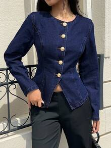 Siren Gaze Women's Casual Everyday Commute Simple Solid Color Single-Breasted Denim Jacket, Spring/Autumn Winter - Dark Wash - View 3