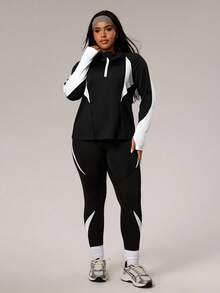 Rhythm Era Plus Size Neon Splice 2 Pieces Set, Half-Zip Long Sleeve Fitted Sweatshirt With Thumb Hole And Skinny High Waist Leggings - Black and White - View 1