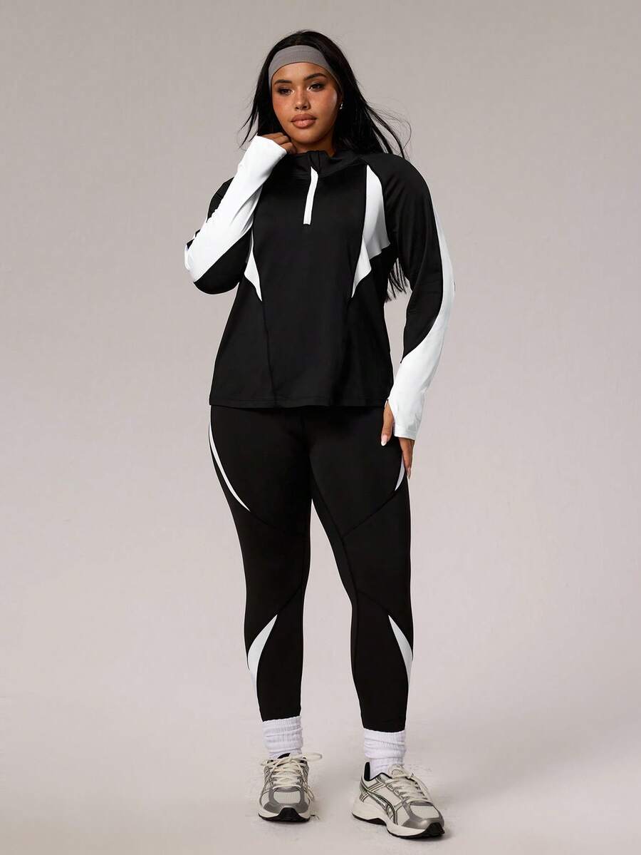 Rhythm Era Plus Size Neon Splice 2 Pieces Set, Half-Zip Long Sleeve Fitted Sweatshirt With Thumb Hole And Skinny High Waist Leggings - Black and White - View 1