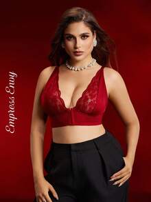 SHEIN 前开式无钢圈蕾丝文胸，舒适加大码文胸 - 酒紅色 - 查看 4