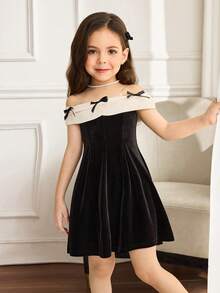 SHEIN Young Girl Elegant Off-Shoulder Color Block Bow Decor Velvet Waist Ruffle Hem Dress,Black&Apricot,Suitable For Halloween,Christmas,Autumn,Party Dress - Black - View 5