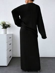 SHEIN Tall Tall Women Solid Color Chunky Sweater & Sweater Skirt Set - Black - View 2