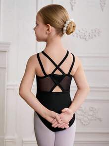 SHEIN Young Girls' Fitted Black Ballet Leotard, Elegant Criss-Cross Hollow-Out Back Design, Comfortable Knit & Stretch Mesh Gymnastics & Casual Bodysuit, Suitable For All Seasons