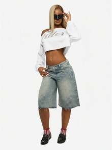 SUMWON WOMEN Rhinestone Rider Off Shoulder Cropped Sweatshirt With Raw Hem Detail Long Sleeves - White - View 7