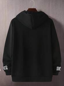 Manfinity Homme 大码男士休闲字母印花连帽卫衣，秋冬 - 黑色 - 查看 3