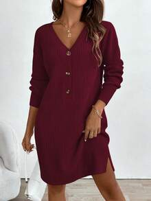 SHEIN LUNE V-Neck Raglan Sleeve Half-Placket Knit Casual Loose Sweater Dress - Burgundy - View 4