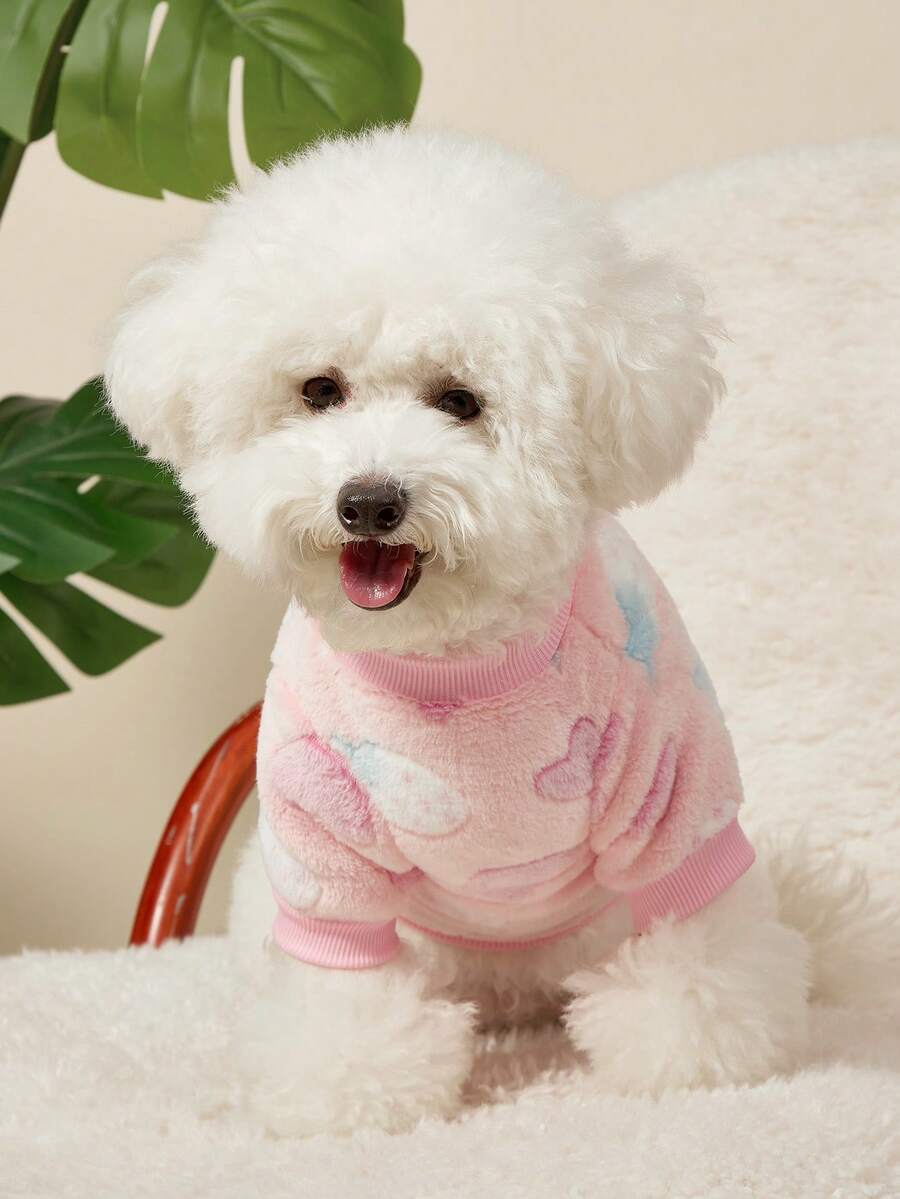 PETSIN 1 件宠物猫狗通用粉色草莓爱心图案印花毛绒保暖弹力舒适狗狗圆领 - 粉色 - 查看 1