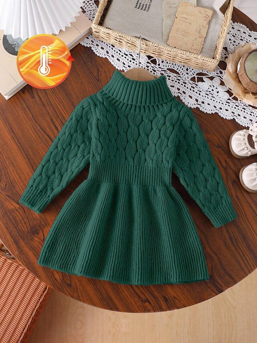 Vestido de suéter de línea A de cuello alto caqui para niñas, de tela de punto suave apta para uso en exteriores e interiores, otoño/invierno - Verde - Ver 1