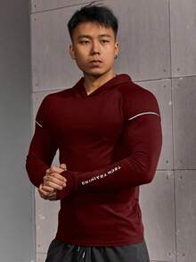 Gym Rark 男士字母印花长袖休闲连帽卫衣，长袖运动服，健身运动衫，男士运动服，健身房长袖上衣，压缩衣，轻薄款 - 酒紅色 - 查看 3