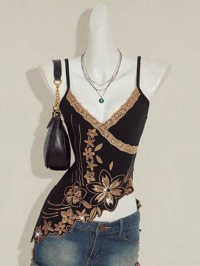 SHEIN ICON Y2k Women's Black Glitter Fashion Elegant Sequin Floral Embroidery Asymmetric Hem Camisole