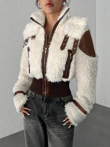 SHEIN EZwear Women's Jacket With PU Leather Front, Fleece Patchwork And Zipper Pockets In Fall/Winter - Coffee Brown - View 6