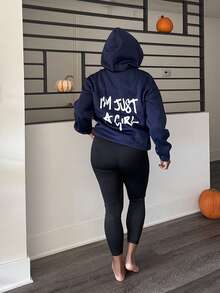 Tyla Gomez sweat-shirt à capuche ample pour femmes avec imprimé slogan, Top à manches longues - Bleu marine - Voir 3