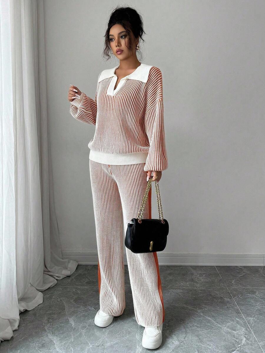 SHEIN Elenzya Bộ 2 áo len chui đầu cổ polo màu tương phản chắp vá cho nữ + quần dài, Thu/Đông - trái cam - Xem 1