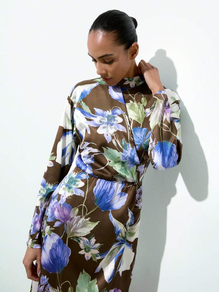 SHEIN Maija Floral Satin Print Asymmetric Long Sleeve Maxi Fishtail Skirt, Elegant & Comfortable, Suitable For Autumn/Winter, Parties And Holidays Winter Dress Women Christmas Dress Elegant Dress Brown Dress Floral Dress New Year Dress Flower Print Dress Orchid Dress Long Sleeve Dress Floral Print Dress Women's Summer Dresses  Vacation Outfits Women