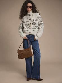 Florisole كارديجان نسائي بأكمام طويلة وأزرار قرنية بنمط هندسي من نوع فير آيل، شعور بالكسل