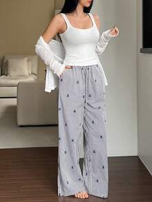 DAZY 3pcs/Set Casual Lightweight Solid Color Robe, Tank Top, And Loose Striped Bear Pattern Pants Sleepwear Pajama Set For Women, Winter Clothes - White - View 6