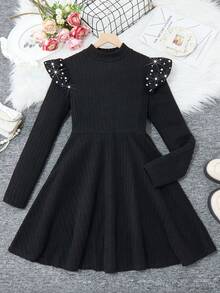 SHEIN Teen Girls Knitted Ribbed Cap Sleeve Beaded Casual Dress, Winter - Black - View 1